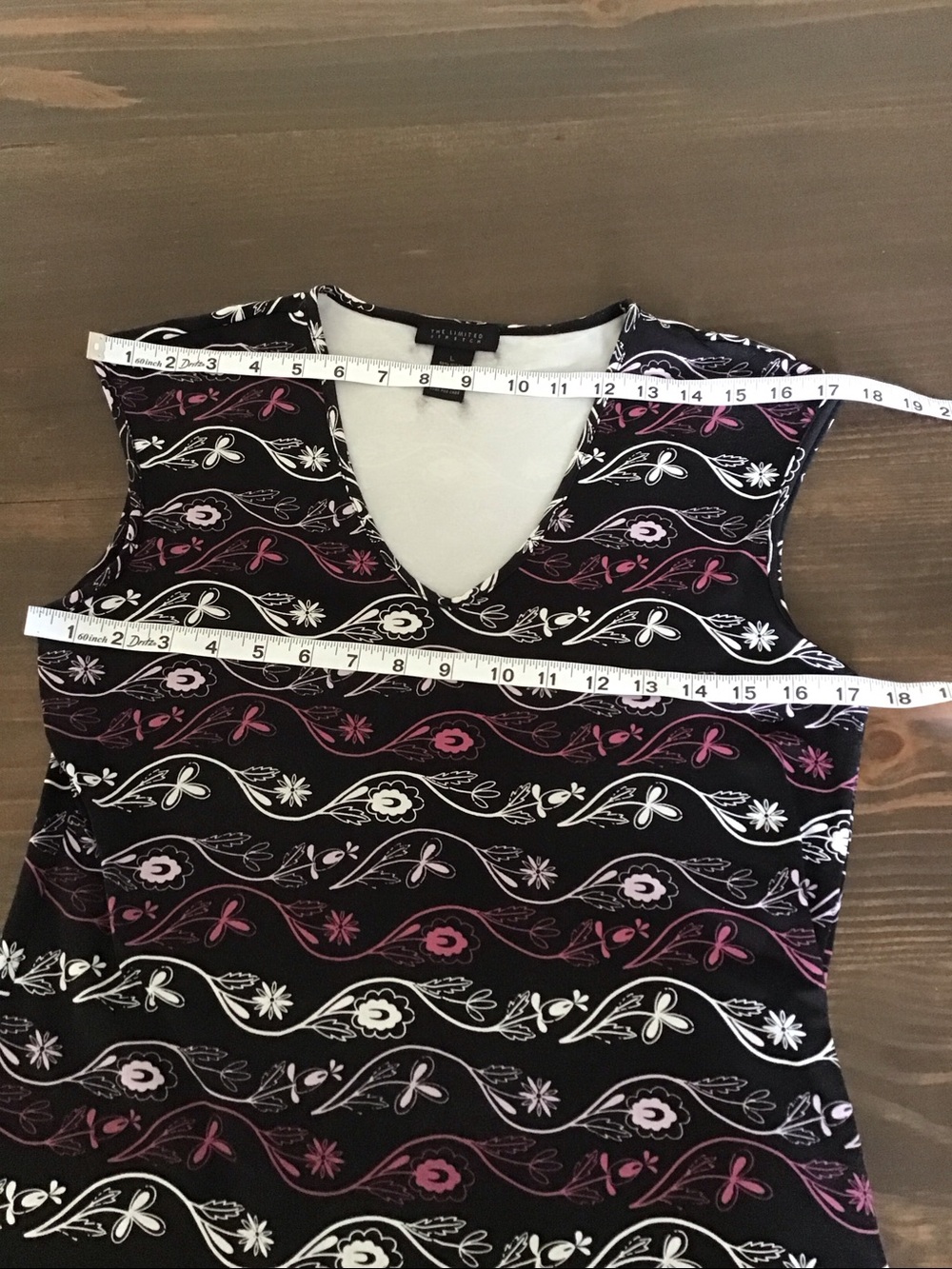 Y2K The Limited black V-neck tank top featuring a white and pink floral vine. - Picture 5 of 7